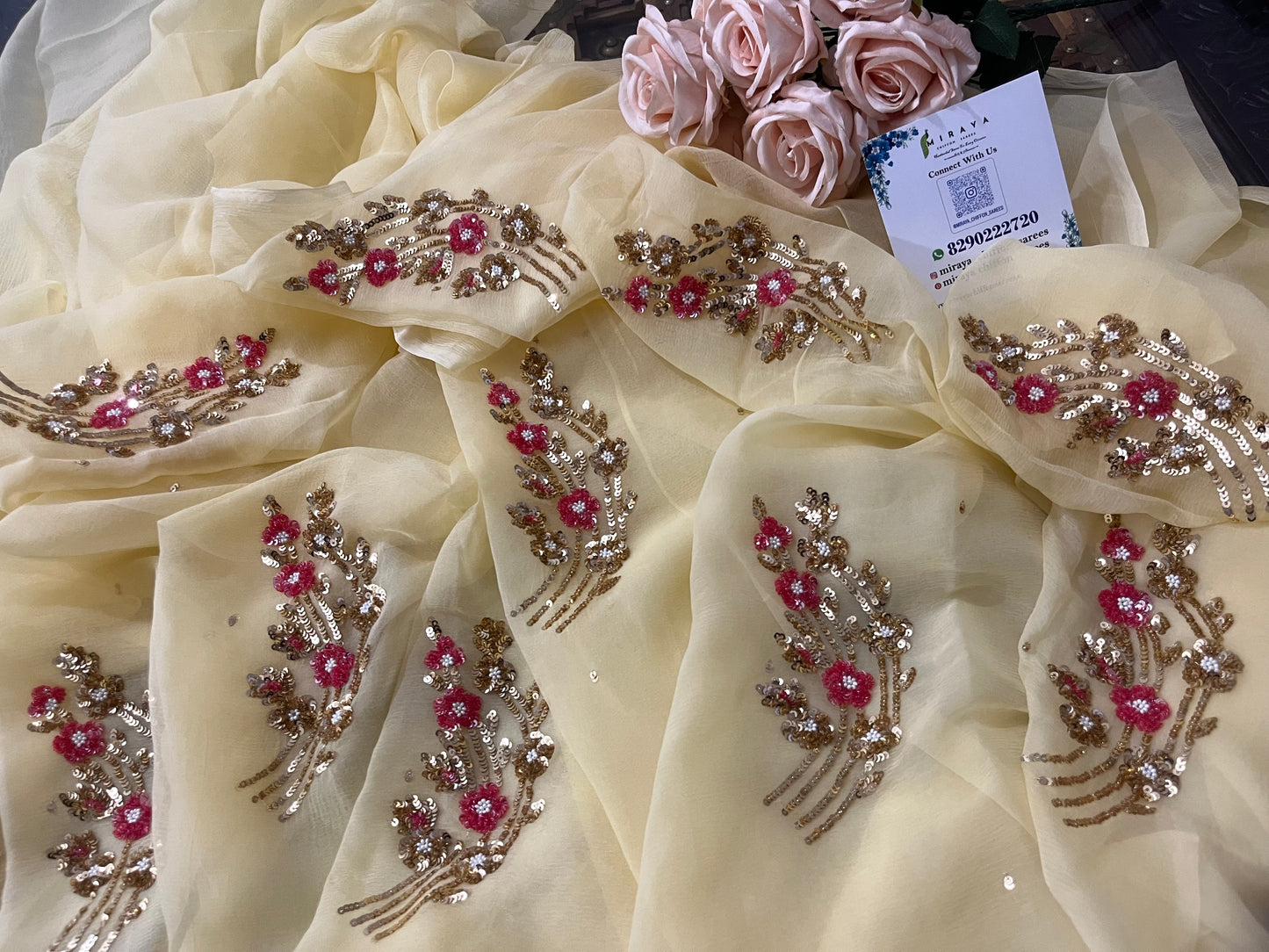 Beige sequins Buta saree