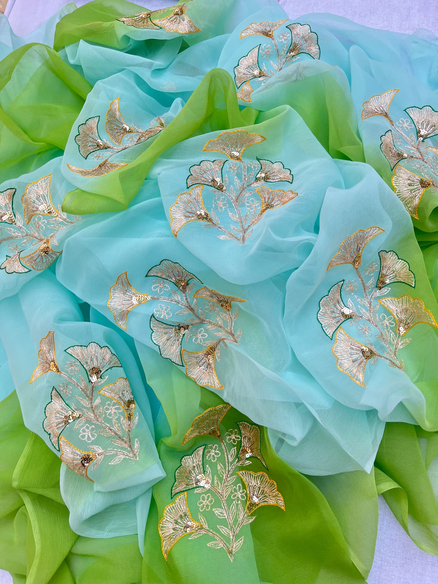 Ombre green shaded Zari sequins buta saree