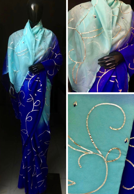 Ombre blue shaded gotta jaal saree