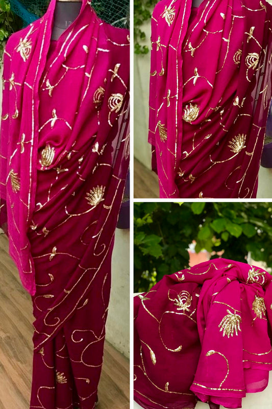 Ombre pink shaded sequins jaal saree