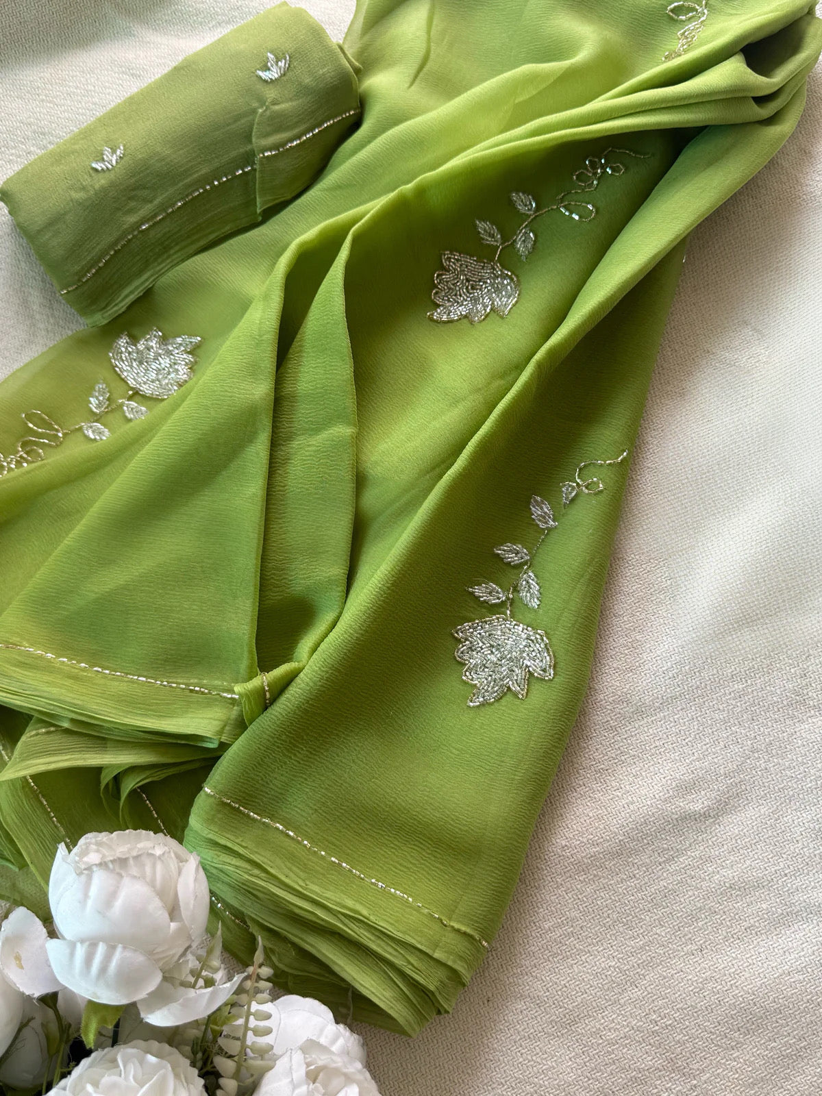 Green cutdana flower saree