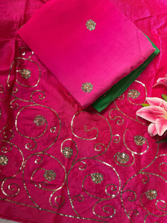 Green pink chiffon saree with Jaal blouse