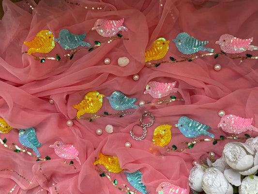 Peach chirpy Birds chiffon saree