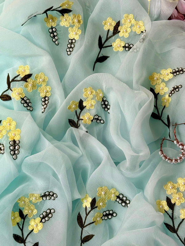Powder blue Resham flower saree