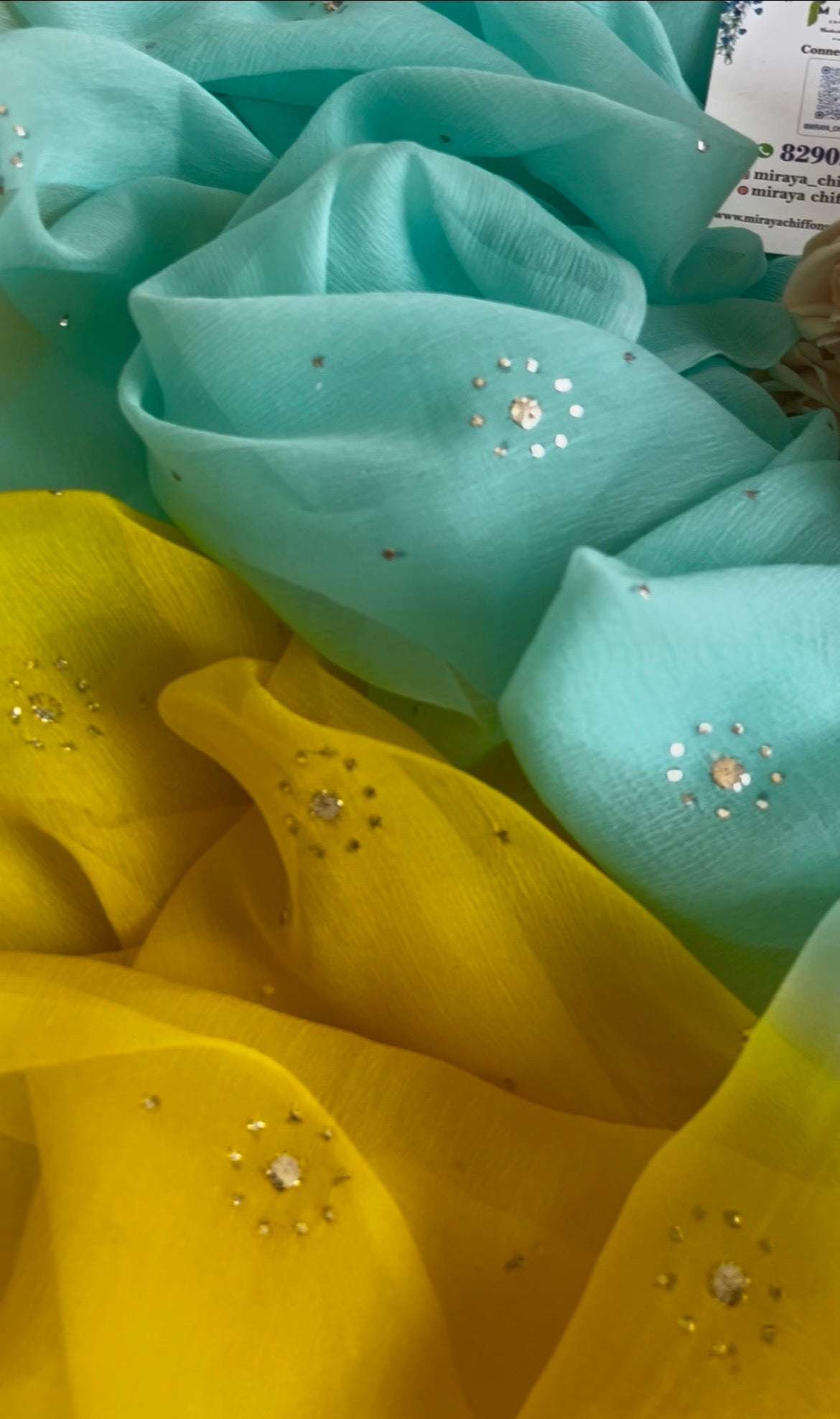 Yellow Blue Floral Mukaish saree