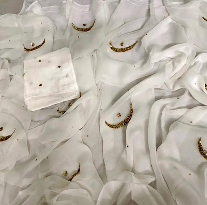 White golden sequins moon saree