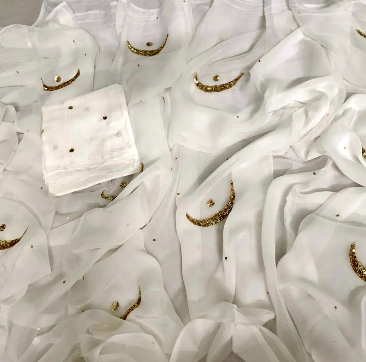 White golden sequins moon saree