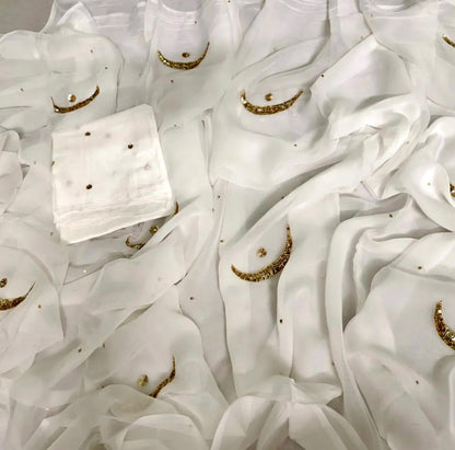 White golden sequins moon saree