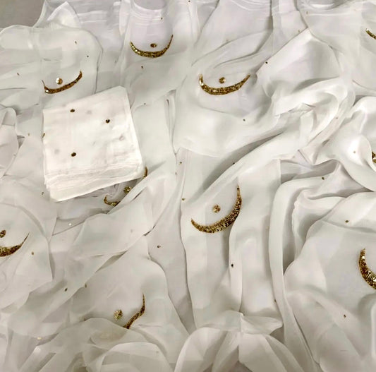 White golden sequins moon saree