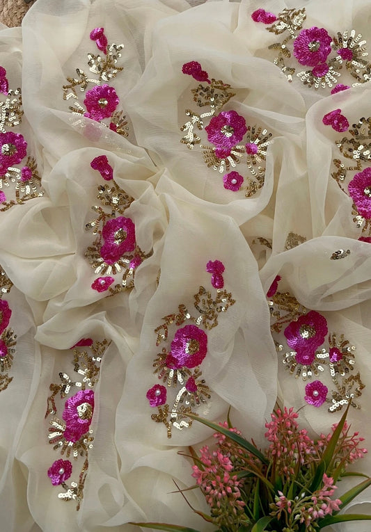 Beige with pink sequins flowers saree