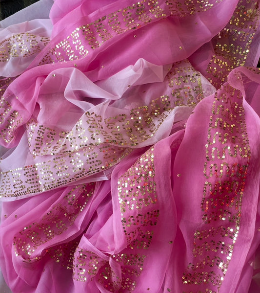 Ombre pink sequins border saree