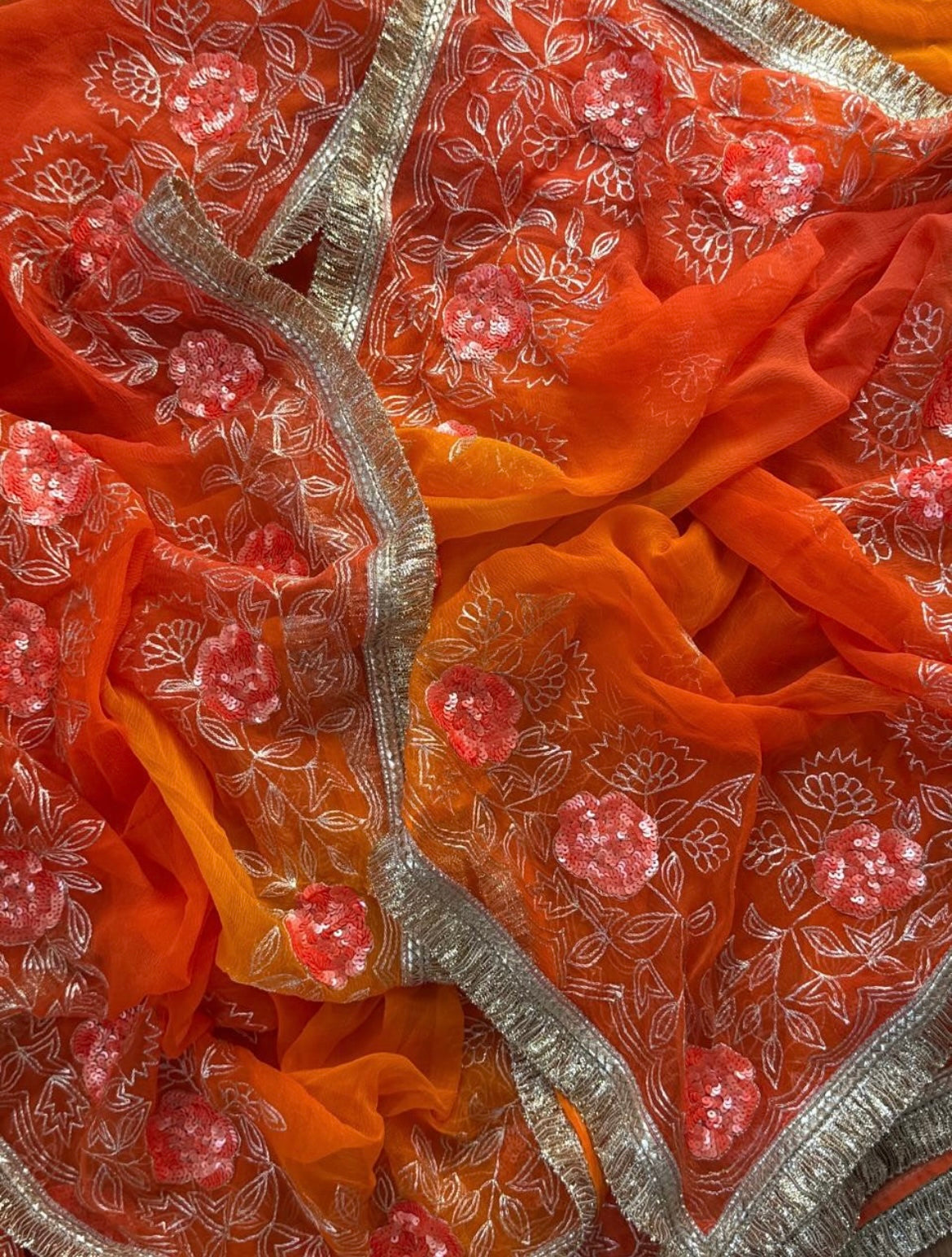 Orange shaded Zari sequins Border saree