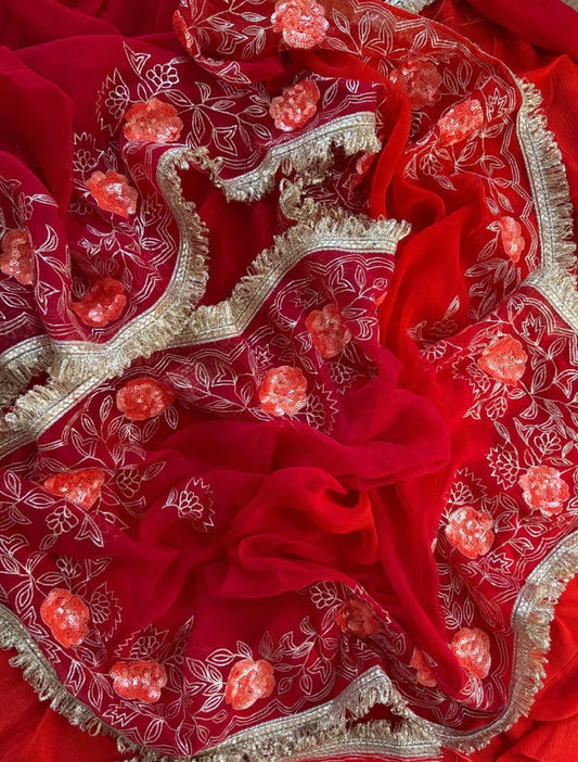 Red shaded Zari sequins Border saree