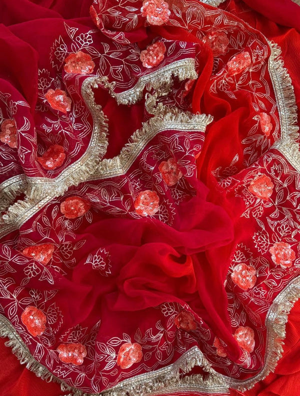 Red shaded Zari sequins Border saree