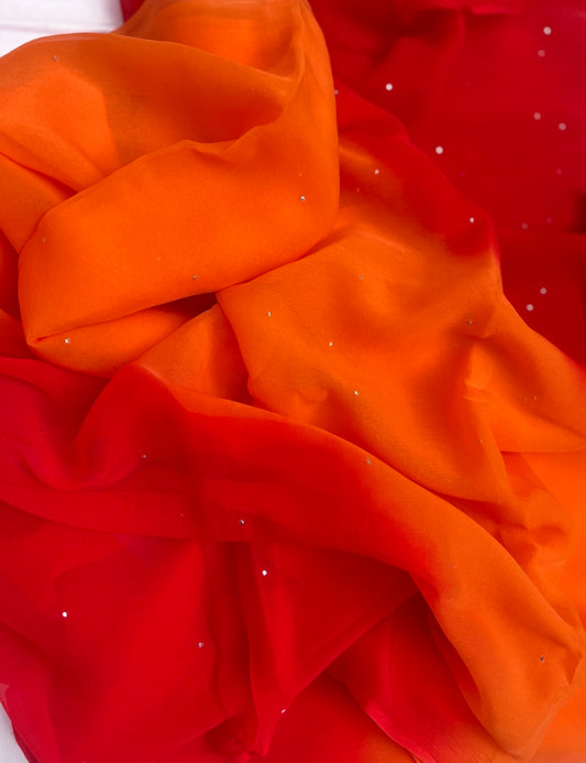 Ombre Red Orange Mukaish Miraya Chiffon Sarees