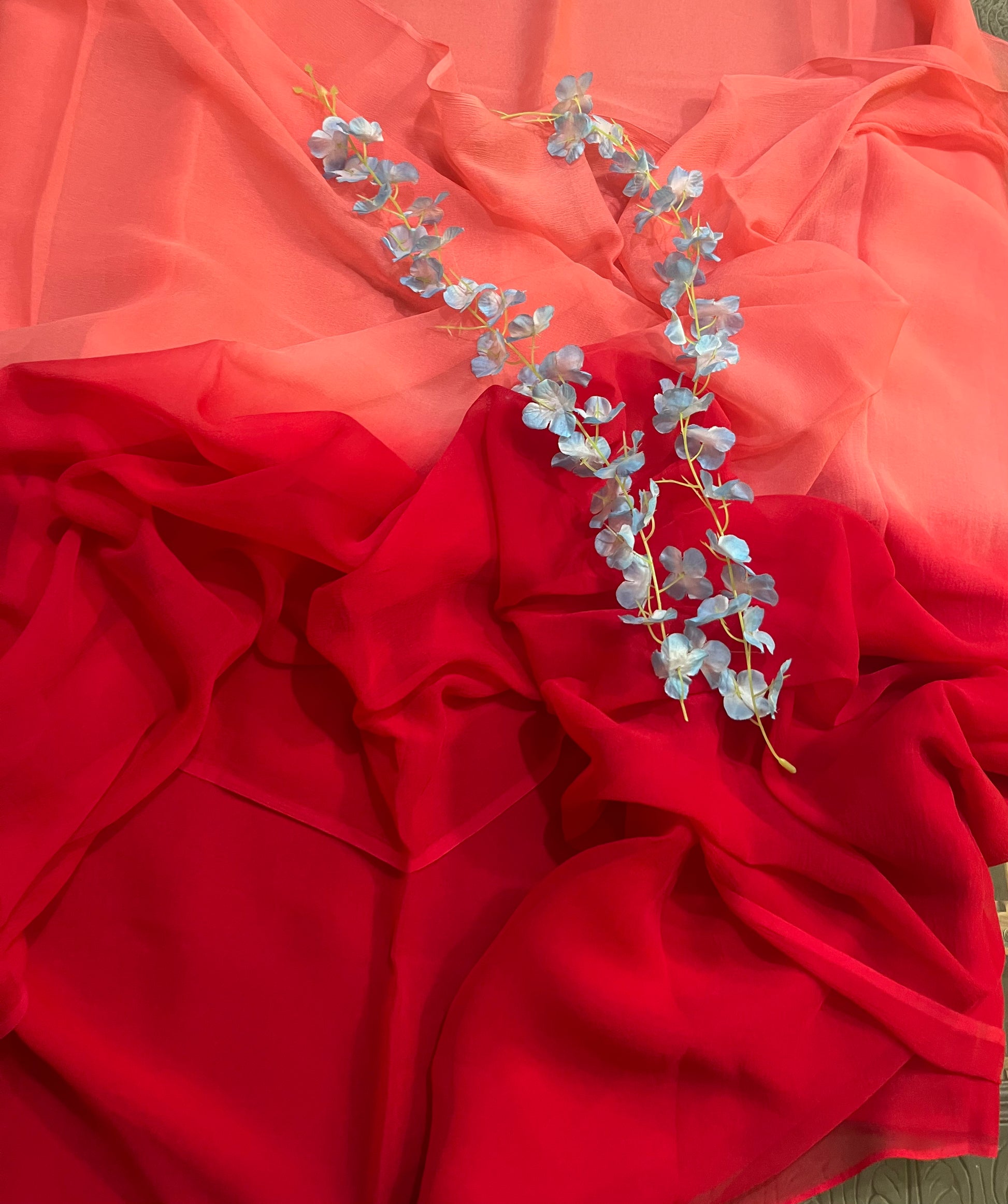 Ombre Peach Red Shaded Miraya Chiffon Sarees