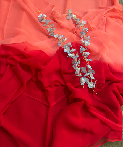 Ombre Peach Red Shaded Miraya Chiffon Sarees