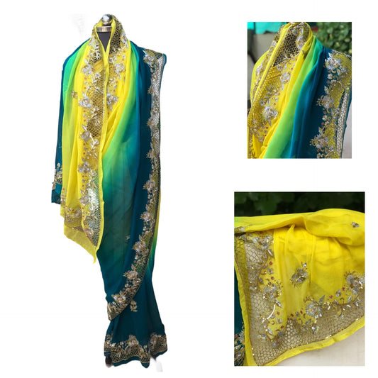 Ombre yellow Shaded Cutwork Border Saree