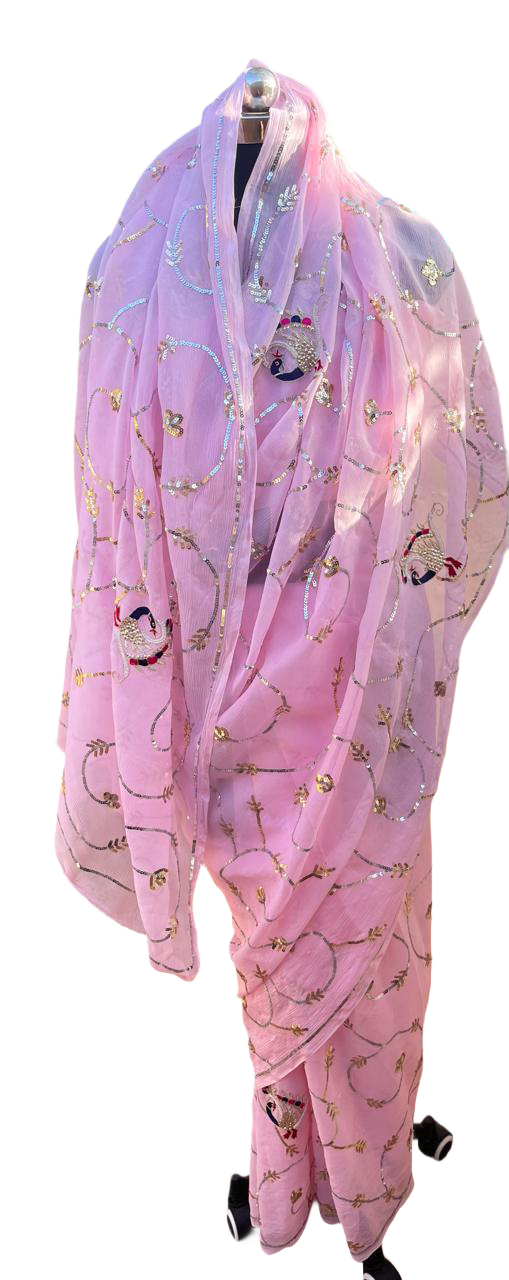 Baby Pink Peacock Sequins Jaal Saree