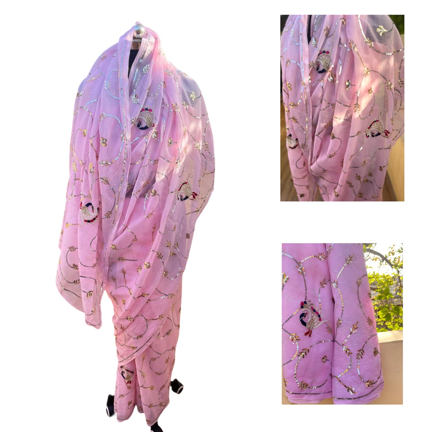 Baby Pink Peacock Sequins Jaal Saree