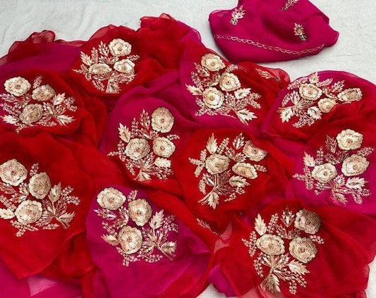 Pink red Aari Zardoji motif