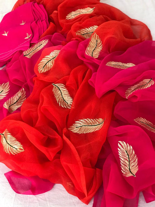 Ombre red pink zari buta saree