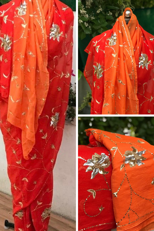 Ombre orange shaded Jaal saree
