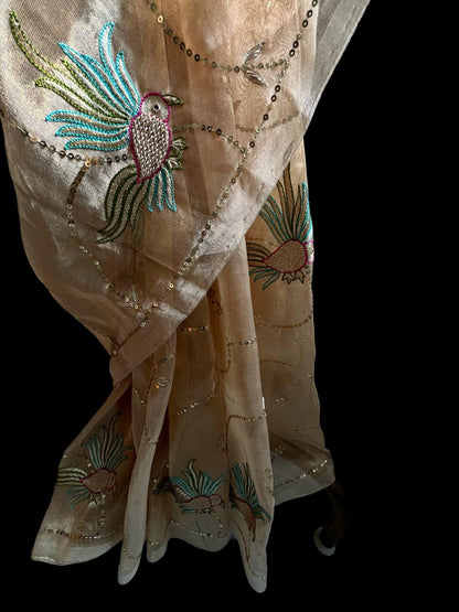 Golden Silk Tissue Zari Zardoji Bird Jaal Saree