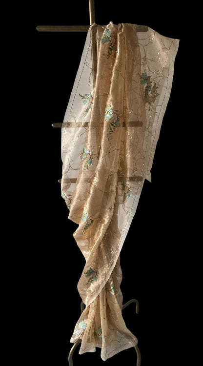 Golden Silk Tissue Zari Zardoji Bird Jaal Saree