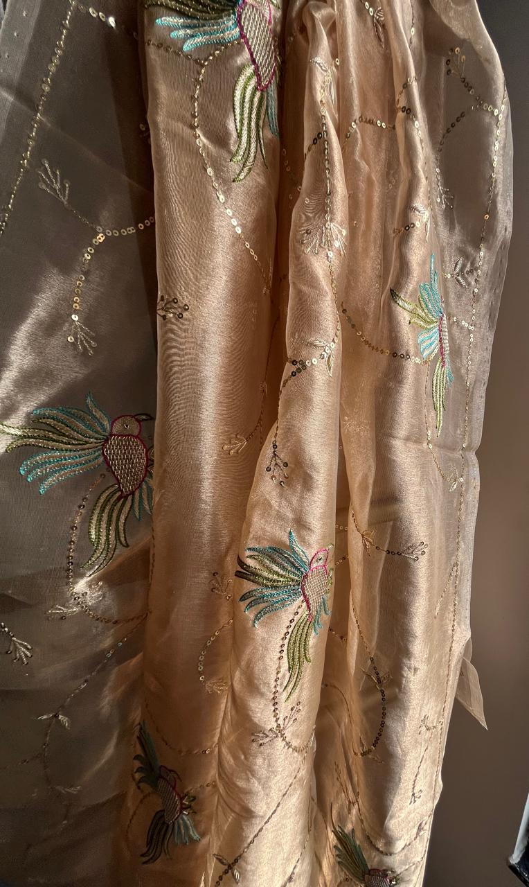 Golden Silk Tissue Zari Zardoji Bird Jaal Saree