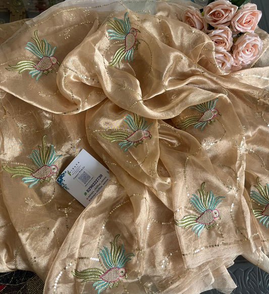 Golden Silk Tissue Zari Zardoji Bird Jaal Saree