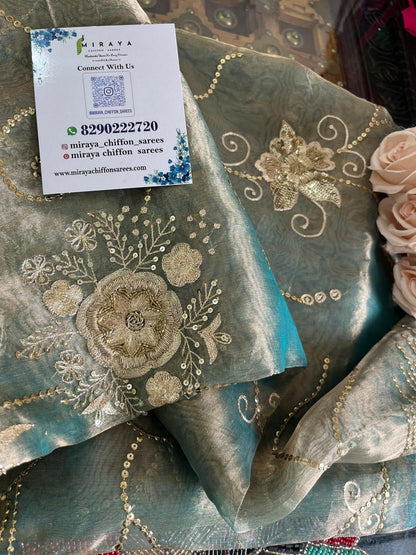 Sky-blue Pure Silk Tissue Zari Zardoji Jaal Saree