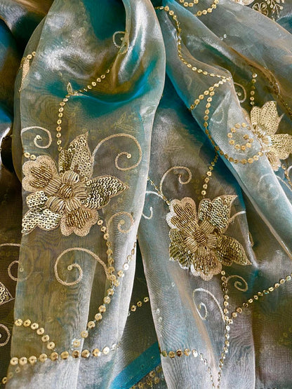 Sky-blue Pure Silk Tissue Zari Zardoji Jaal Saree