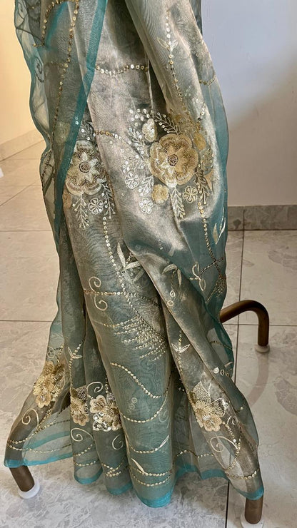 Sky-blue Pure Silk Tissue Zari Zardoji Jaal Saree