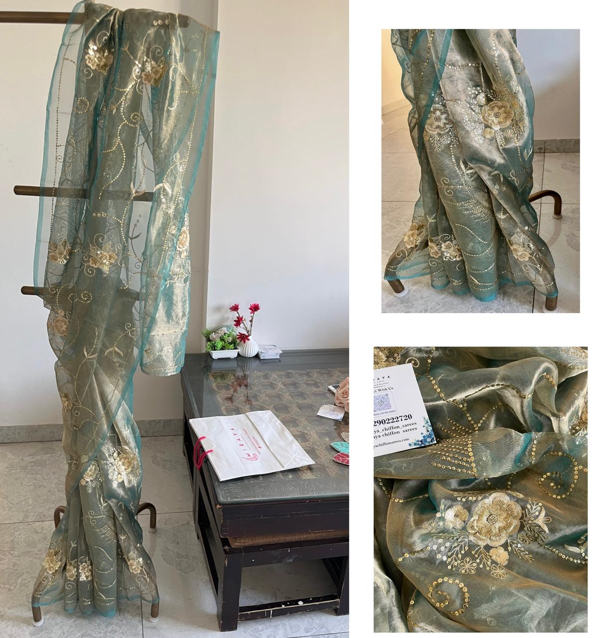 Sky-blue Pure Silk Tissue Zari Zardoji Jaal Saree