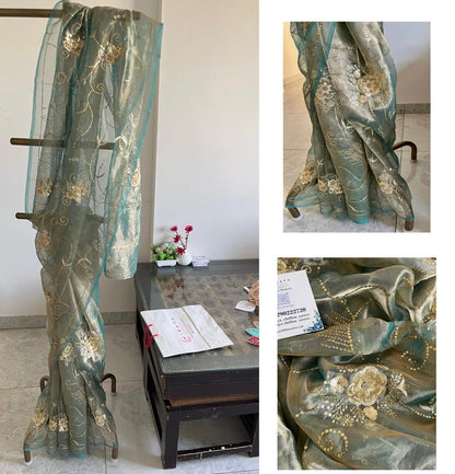 Sky-blue Pure Silk Tissue Zari Zardoji Jaal Saree