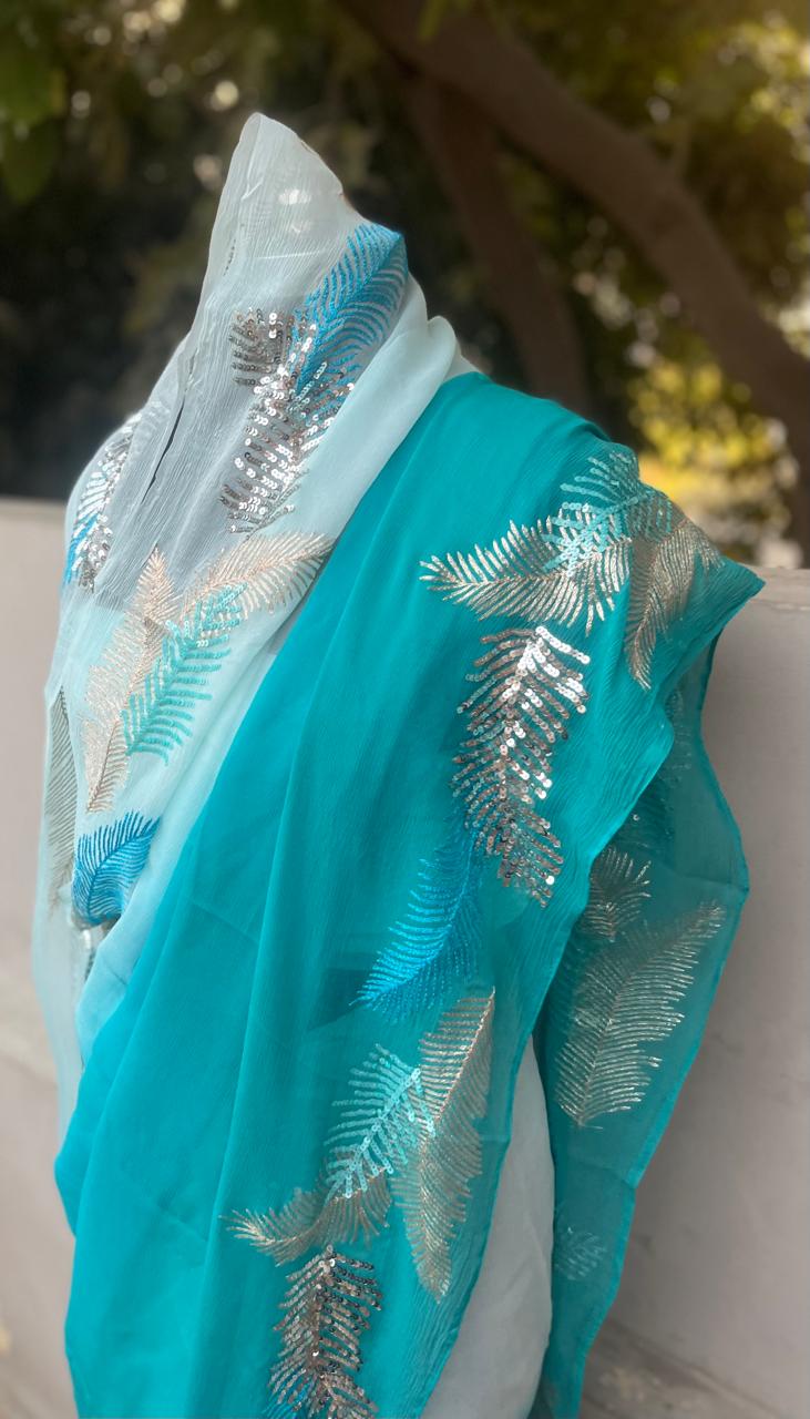 Ombre Blue Shaded Zari Sequins Border Saree