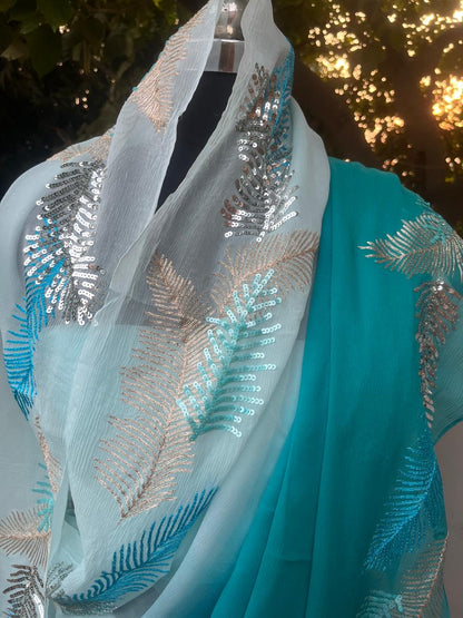 Ombre Blue Shaded Zari Sequins Border Saree
