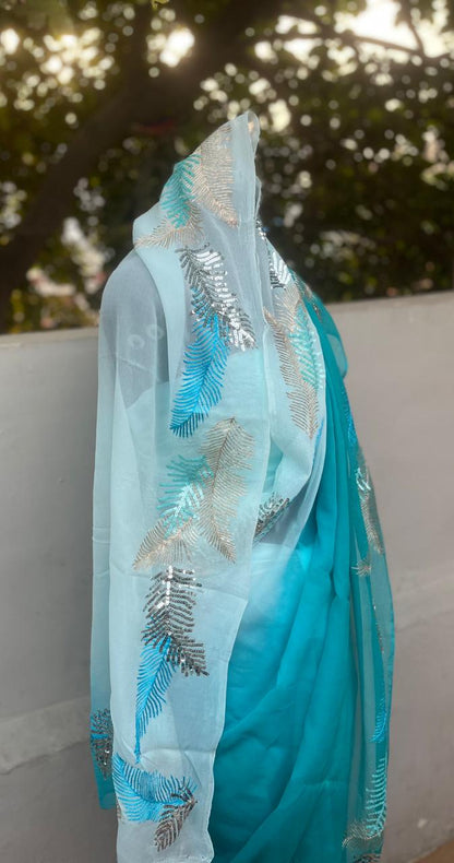 Ombre Blue Shaded Zari Sequins Border Saree