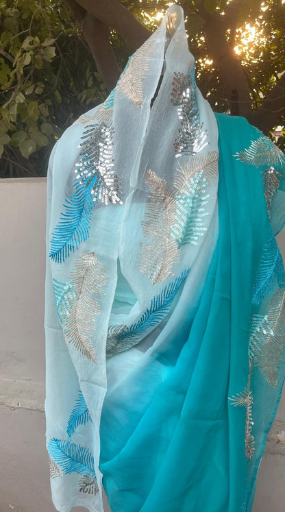 Ombre Blue Shaded Zari Sequins Border Saree