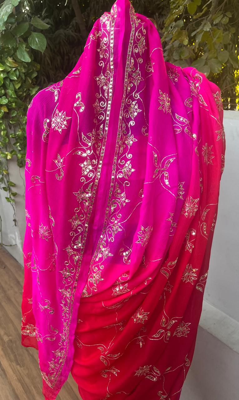Ombre Red Pink Vintage Jaal Saree