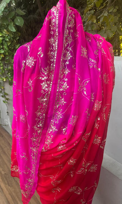 Ombre Red Pink Vintage Jaal Saree