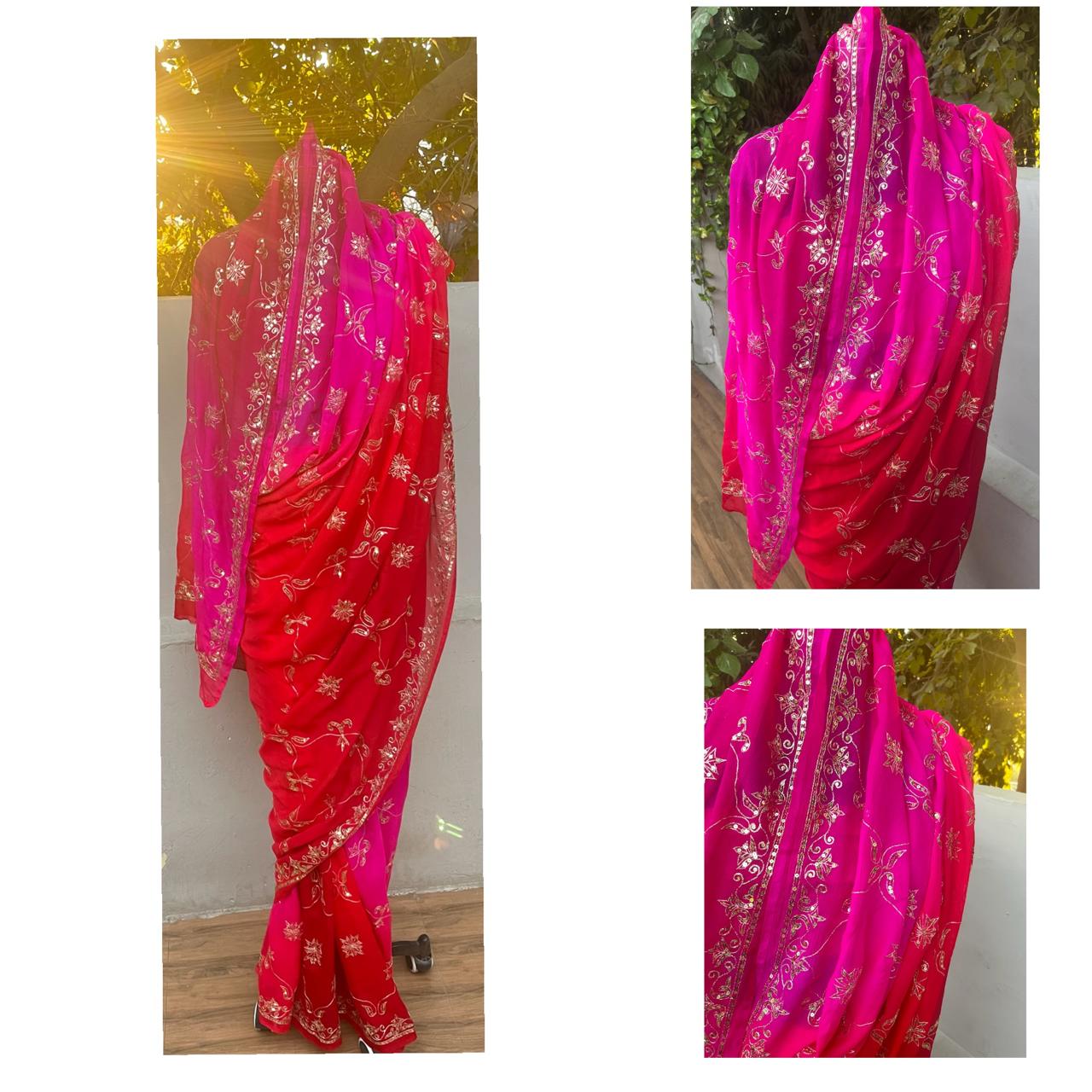 Ombre Red Pink Vintage Jaal Saree