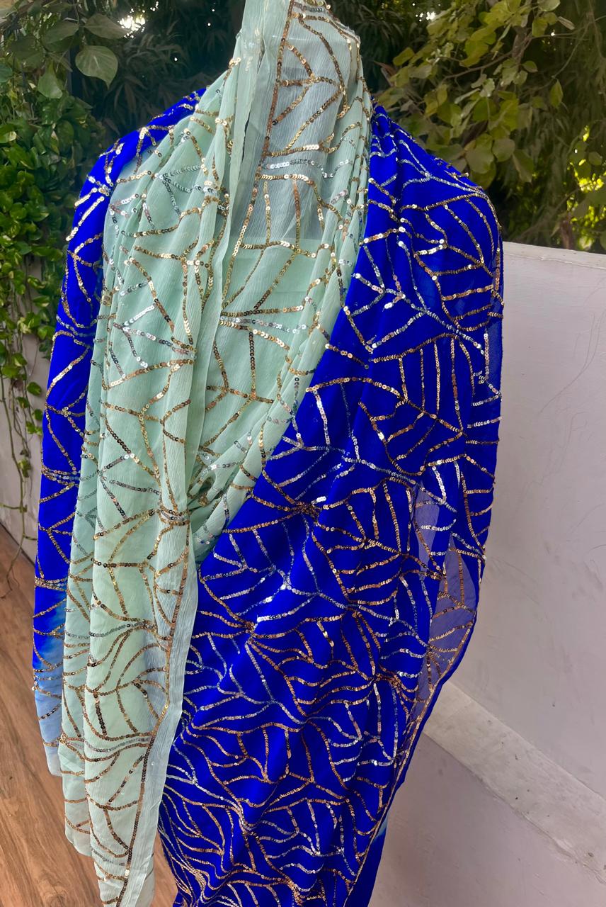Ombre Blue Shaded Golden Silver Sequence Jaal