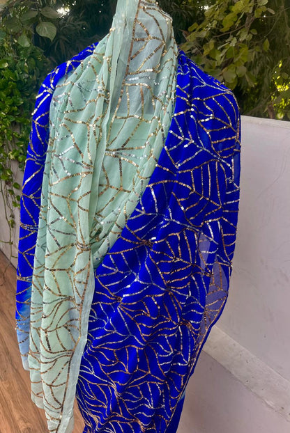 Ombre Blue Shaded Golden Silver Sequence Jaal