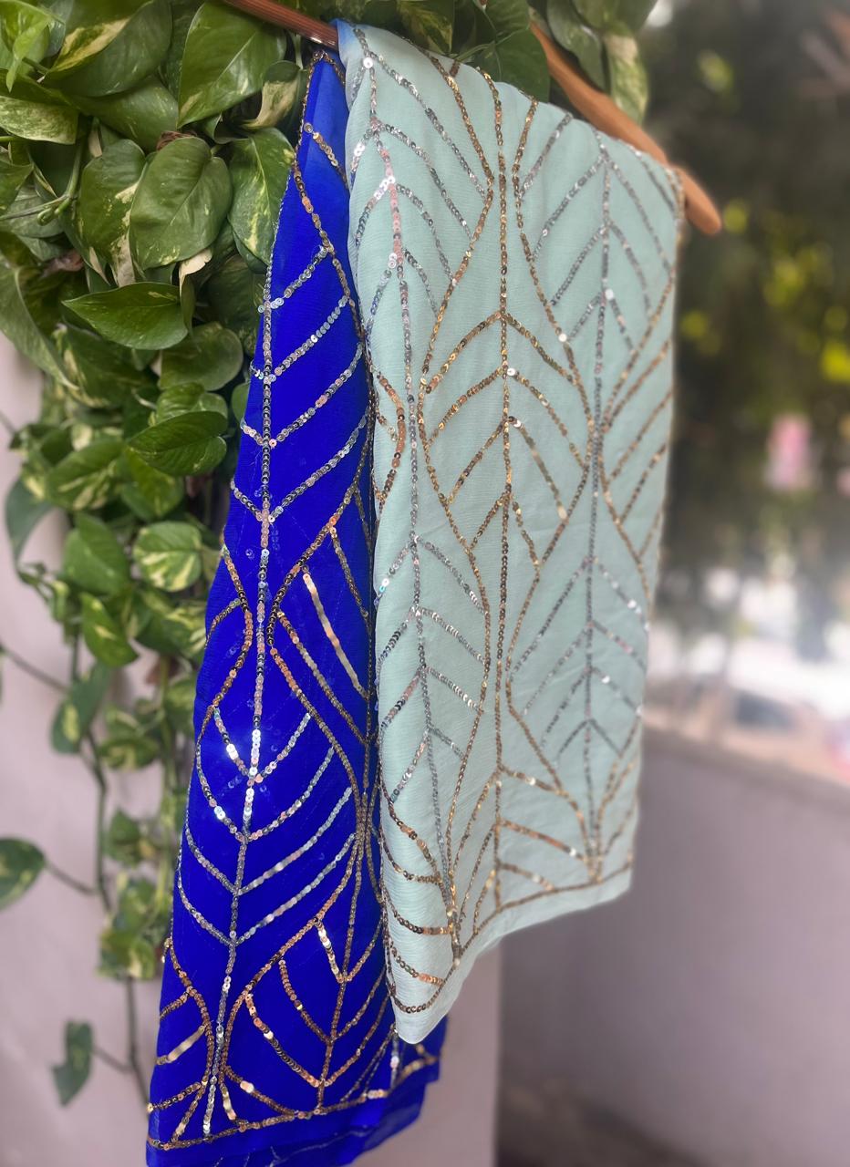 Ombre Blue Shaded Golden Silver Sequence Jaal
