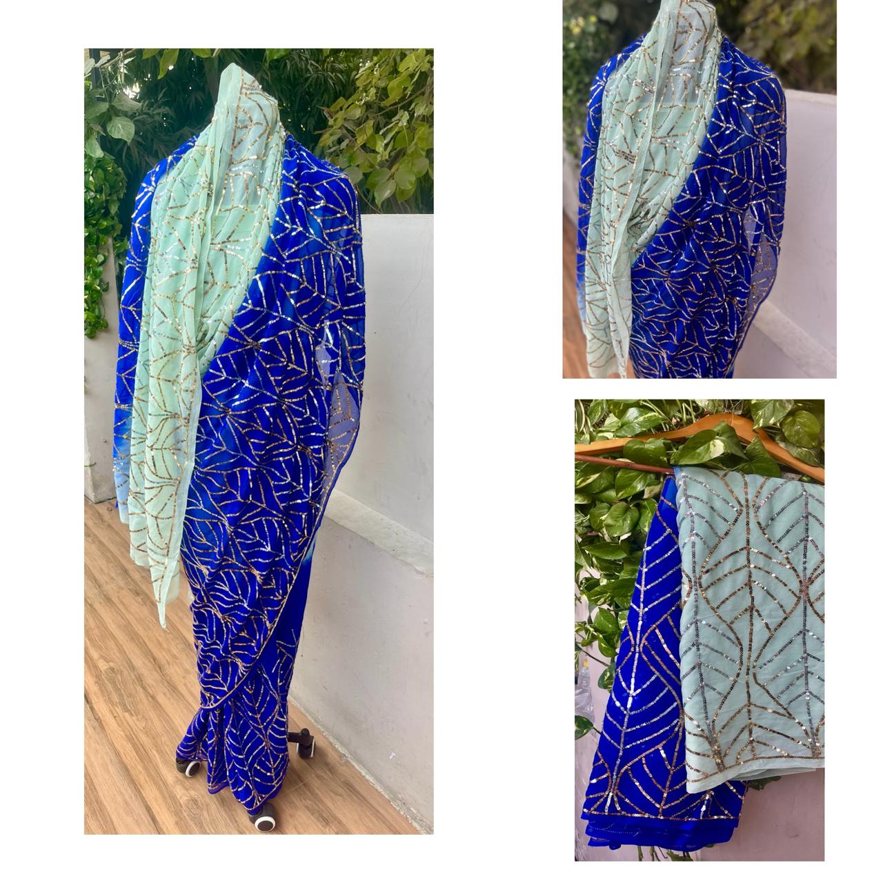 Ombre Blue Shaded Golden Silver Sequence Jaal