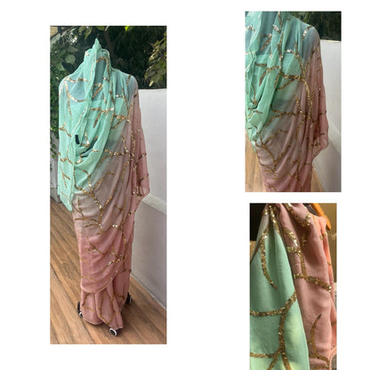 Ombre Powder Blue Shaded Sequins Jaal Saree