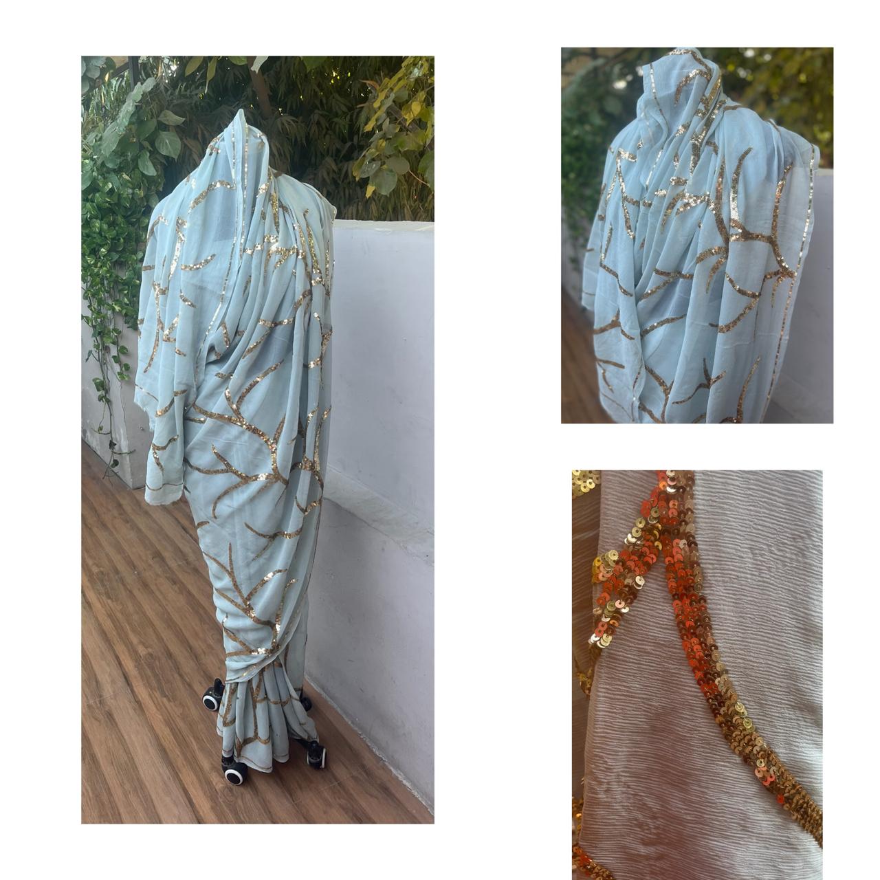Ombre Powder Blue Shaded Sequins Jaal Saree