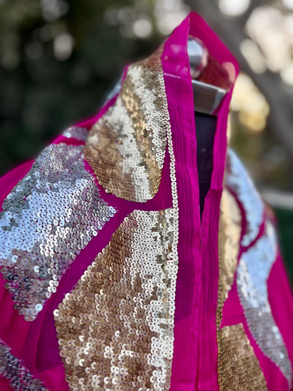 Magenta Golden & Silver Sequence Jaal Saree